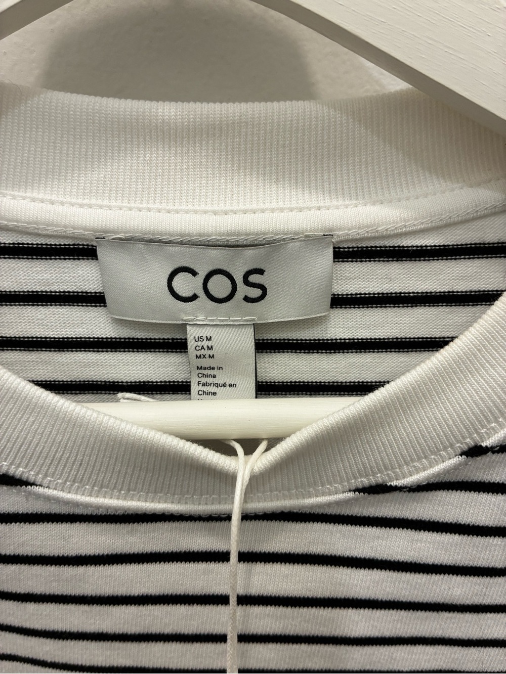 COS Men's White and Black Striped Crewneck Sweater